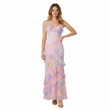 Robe Longue Fleurie à Volants avec Col en V et Fines Bretelles