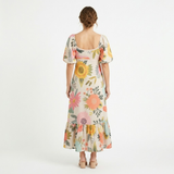 Robe Longue à Imprimé Floral avec Encolure Carrée et Manches Bouffantes pour Femme
