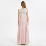 Robe Longue de Soirée Sans Manches en Dentelle et Mousseline avec Bustier Crocheté