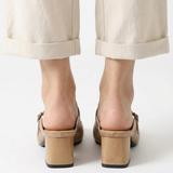 Mules à Talon Bloc en Cuir Véritable avec Bride à Boucle et Bout Carré