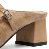 Mules à Talon Bloc en Cuir Véritable avec Bride à Boucle et Bout Carré
