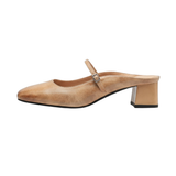 Mules à Talon Bloc en Cuir Véritable avec Bride à Boucle et Bout Carré