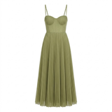 Robe Longue de Soirée Plissée avec Bustier à Bretelles et Fermeture Éclair Arrière