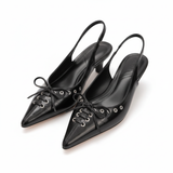Sandales Slingback à Bout Pointu en Similicuir avec Nœud et Petits Talons pour Femmes