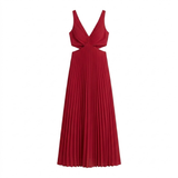 Robe Longue Plissée à Col en V avec Découpes Latérales et Dos Nu