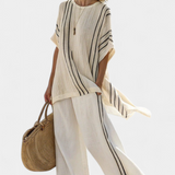 Raffaella – blouse en lin beige élégante et pantalon à rayures noires